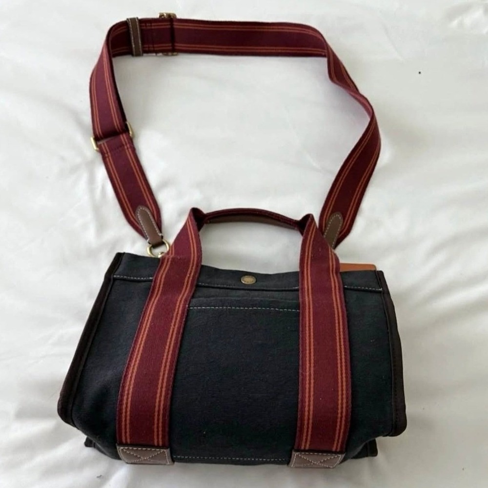 Coach Dempsey Tote 22 Black Burgundy Stripe Canvas Crossbody Bag C8635